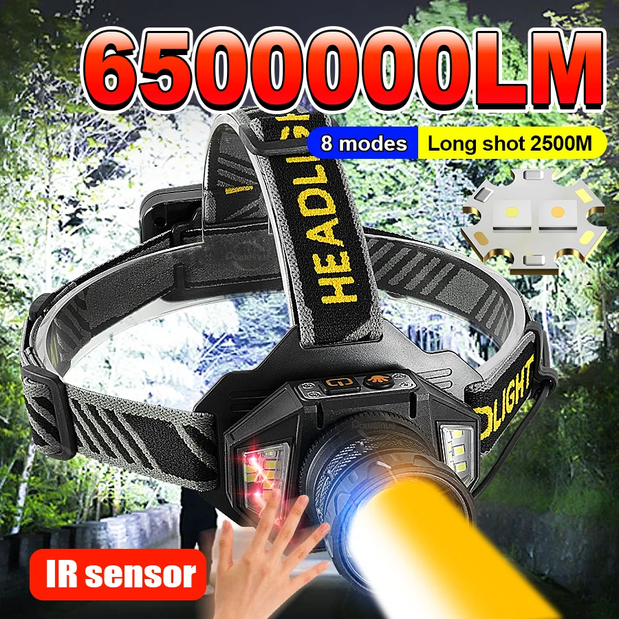 

Перезаряжаемый налобный фонарь 6500000LM, сверхъяркий, мощный светодиодный налобный фонарь с датчиком для активного отдыха, кемпинга, велоспорта, работы