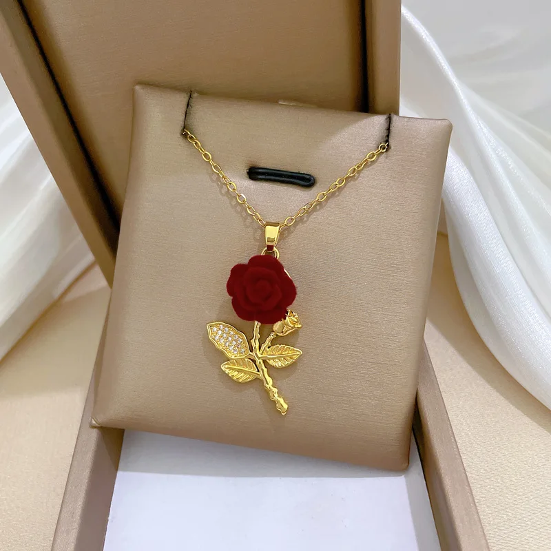 New Fashion Red Rose Flower Heart Pendant Necklace for Women Girls Stainless Steel Chain Party Accessories Vintage Jewelry Gifts