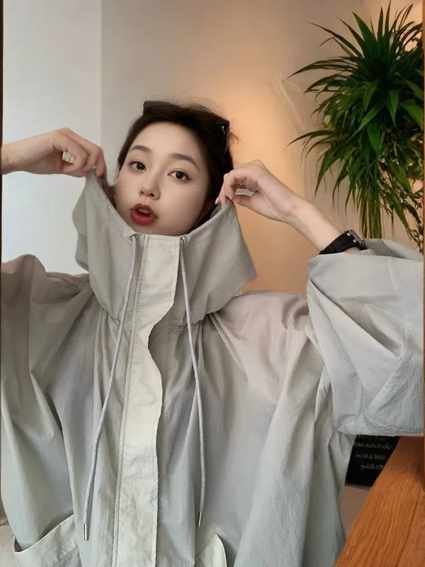 

Extra Large Size Ultra-Thin Breathable Casual Hooded Women's Summer Sun Protection Clothing Dstring Korean Sle Jaet