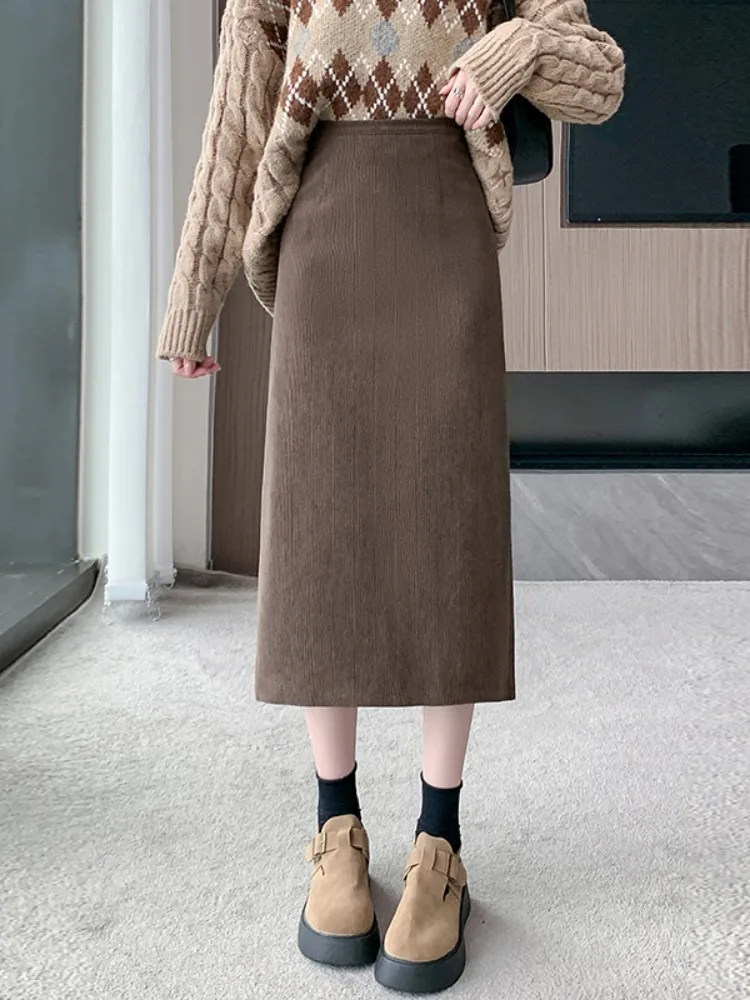 Khakifarbener Cord-A-Linien-Rock mit hoher Taille für Damen, Herbst und Winter, Faion Split One Step Wrap Body, langer Rock aus Polyesterfaser