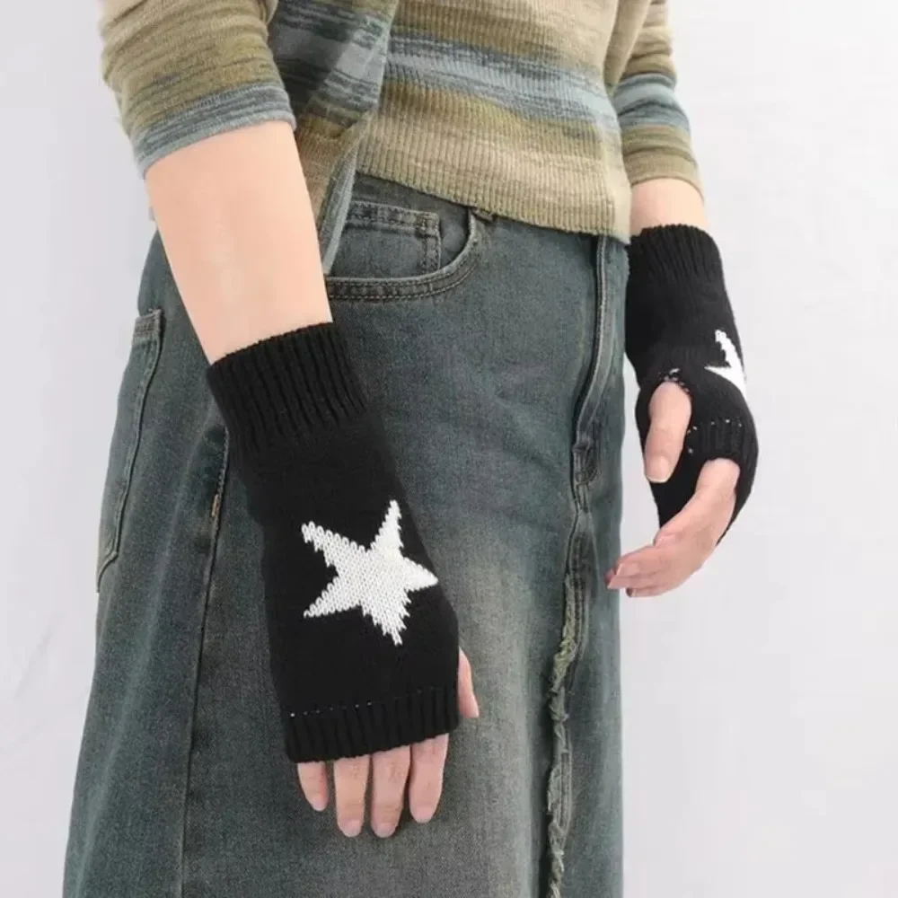 2024 Punk Y2K Knitted Woolen Gloves for Men Women Pentagram Half Finger Warm Soft Mittens Soft Star Hand Fingerless Gloves