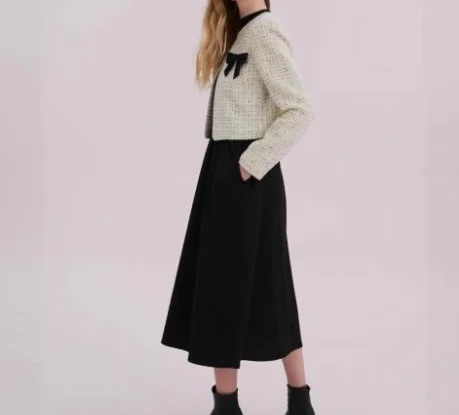Autumn New 2025 Women's Elegant Fashionable Small Fragrant Style Jacket and Solid Color Round Neck A-Line Black Long Skirt Set