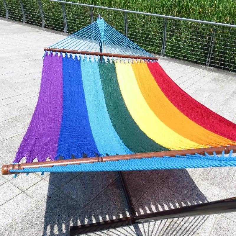 2026 GodsWord Double Hammock With Wooden Spreader Bar Rainbow Cotton Rope Weaving Hammock Bed Large Size Comfortable And Durable