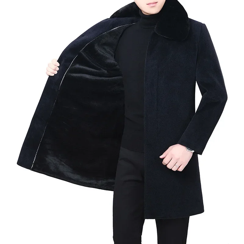 2021 Autumn/Winter Men'S Woolen Collar Woolen Coat Long Mink Coat Leisure And Fleece Warm Middle-Aged Woolen Collar Coat