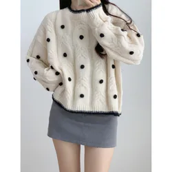 Women's  Twist Polka Dot Loose Sweater 2024Autumn Winter Korean Fashion Casual Pullover Women Clothes