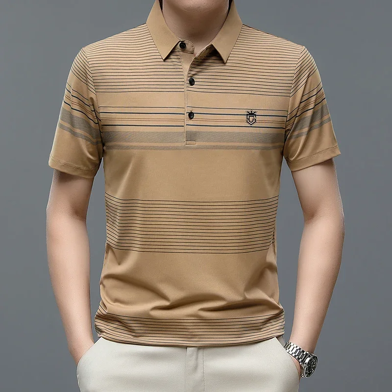 BROWON Brand Polo Shirt Men Tops 2024 New Fashion Smart Casual Short Sleeve Office Work Clothes Striped Print Summer Men Polo