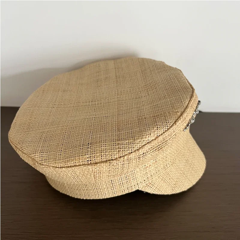 Spring Summer Hand-sewn Raffia Newsboy Hats for Women Letter Crystal-Embellished Baker Boy Cap XS-L Sombrero Hombre