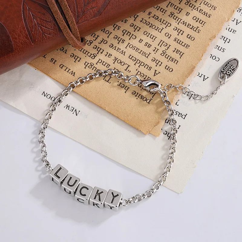 New Retro Square Personality LUCKY English Alphabet 925 Sterling Silver Hipster Design Geometric Popular Bracelets  TYB150