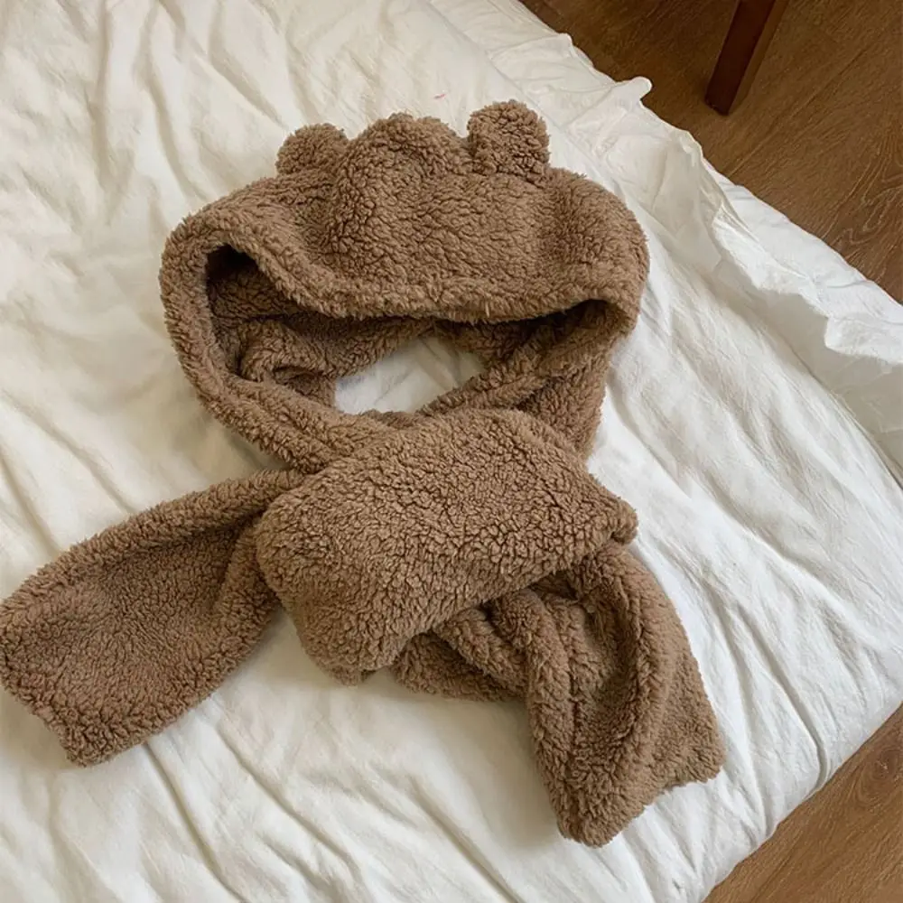 หมวกไหมพรมหูหมี 3 in 1 แบบใหม่ ผ้าพลัฌหนานุ่ม ป้องกันหู ผ้าพันคอ ถุงมือ ที่ปิดหู ผ้าพันคอขนแกะอุ่นๆ สำหรับฤดูหนาว