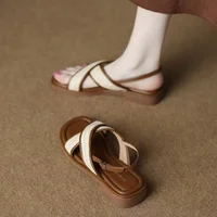 New Minimalist Square Toe Woven Sandals Women Cross Strap Slingback Flats Elegant French Style Summer Shoes Vacation Footwear - Image 6