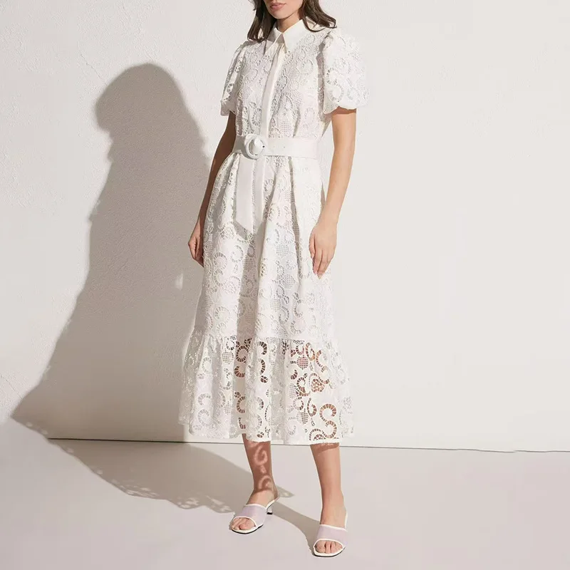 

French Vintage Style Midi Dress2025New Collar Lace-up Waist-Tight Embroidery Fashionable High-End Sense Dress Women's Summe