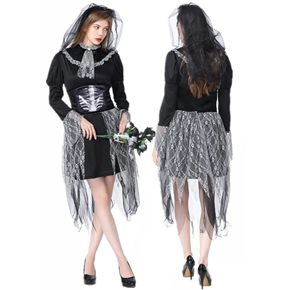 Disfraz de Halloween para mujer, disfraz de fantasma, novia, vampiro, Calavera, Zombie, diablo, vestido de fiesta, conjunto de velo, disfraz de miedo