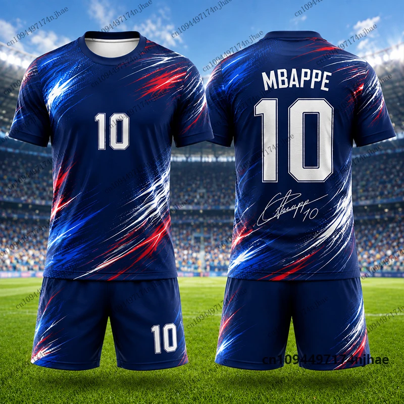Kinder-Trainingsanzug Fußballtrikot Mbappe Nr. 10 Bedrucktes T-Shirt+Shorts Set Frankreich Fan-Outfit Sportbekleidung Kinder/Erwachsene 2-Teiliges Set – Detail 5