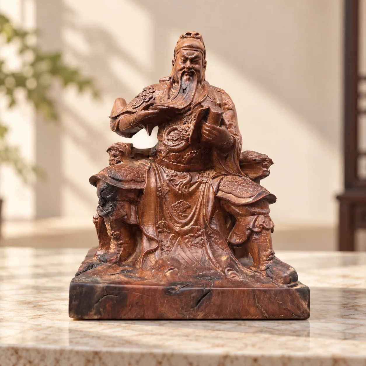 Hand-Carved Thunderstruck Jujube Wood Guan Yu Reading Statue for Chinese Feng Shui Study Desk Home Office Decor Gift