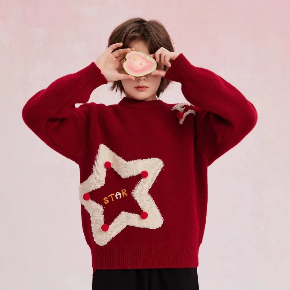 سترة الأخت والأخ لخريف وشتاء جديدة للأولاد والبنات، سترة محبوكة متعددة الاستخدامات لعيد الميلاد باللون الأحمر الخماسي