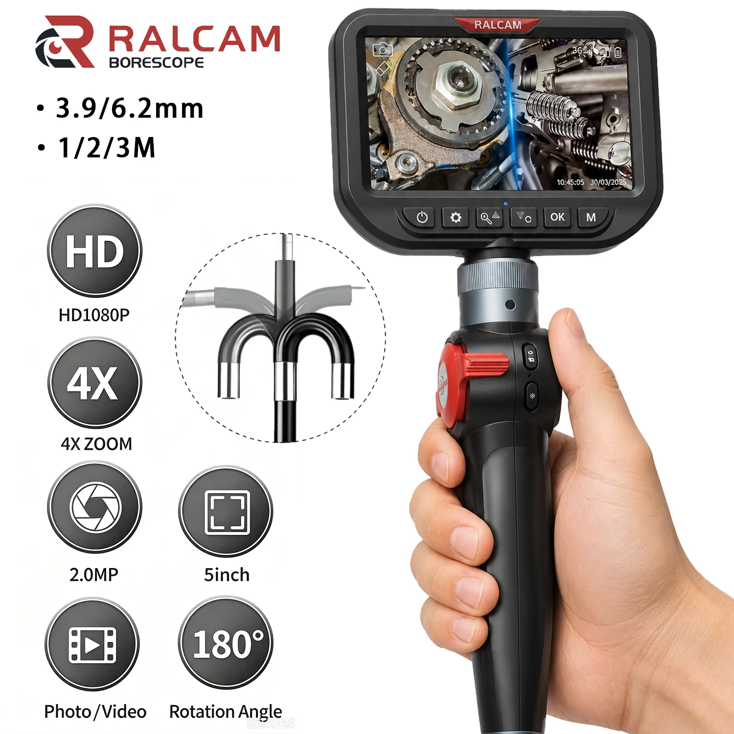 3.9/6mm 360° 2‑Way Endoscope Camera for Auto Repair Sewer Inspection 5 Inch HD Screen Waterproof Oilproof High Temp Protection