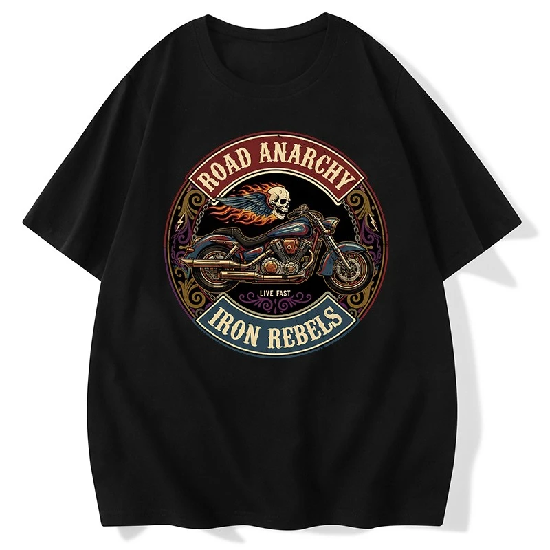 تيشيرتات صيفية وخريفية وشتوية بأكمام قصيرة على الطراز الأمريكي القديم للدراجات النارية للرجال والنساء، من القطن الخالص