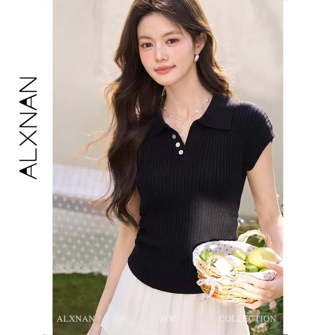 

ALXNAN Apricot Lapel Knitted T-shirt Women Elegant Office Lady Short Sleeve T-shirts 2026 Summer Loose-fit Tops Female L56365