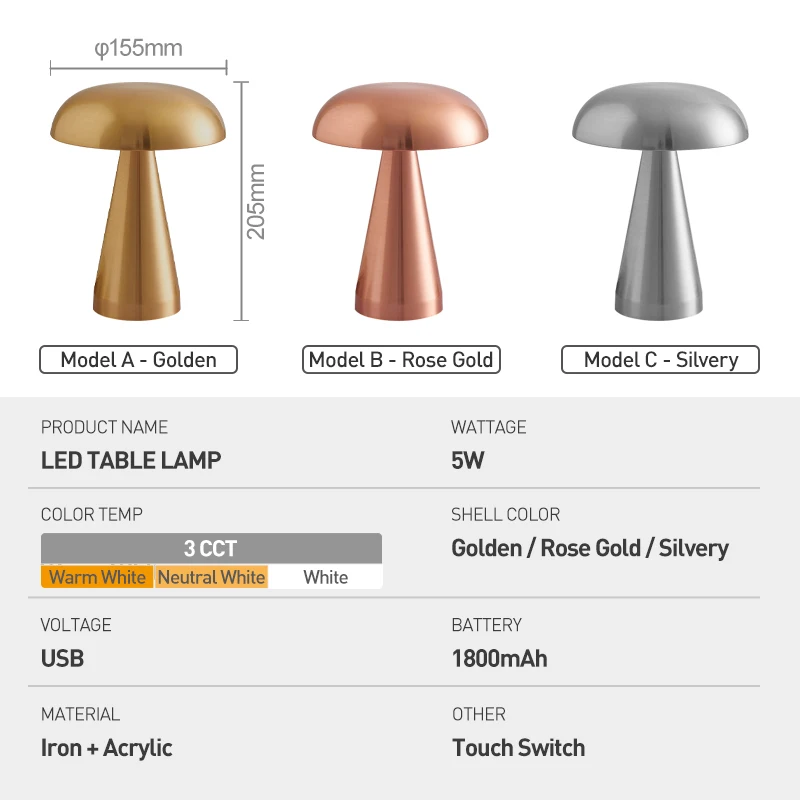 Metal Mushroom LED Home Decor Table Lamp Creative Living Room Bedroom Atmosphere Light USB Charge Touch Night Light Bar Lamp