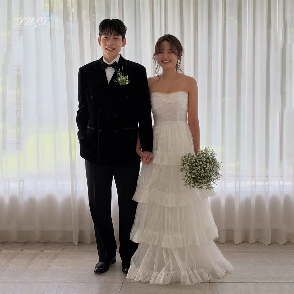 TULX Korea Bride Photo Shoot Luxury Sparkly Lace Tiered Wedding Dresses Sweetheart A line Long Corset Bridal Gown Customized