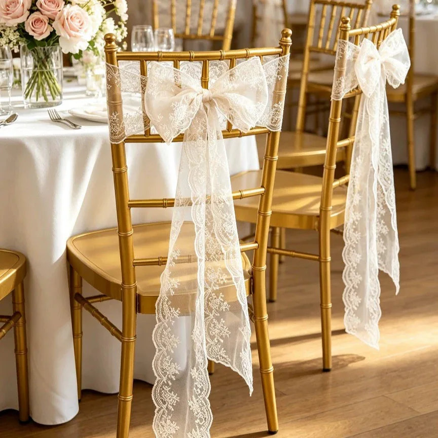 White Lace Chair Cover Wedding Aisle Decorations Vintage Embroidered Chair Bows for Party Reception Dinning Decor