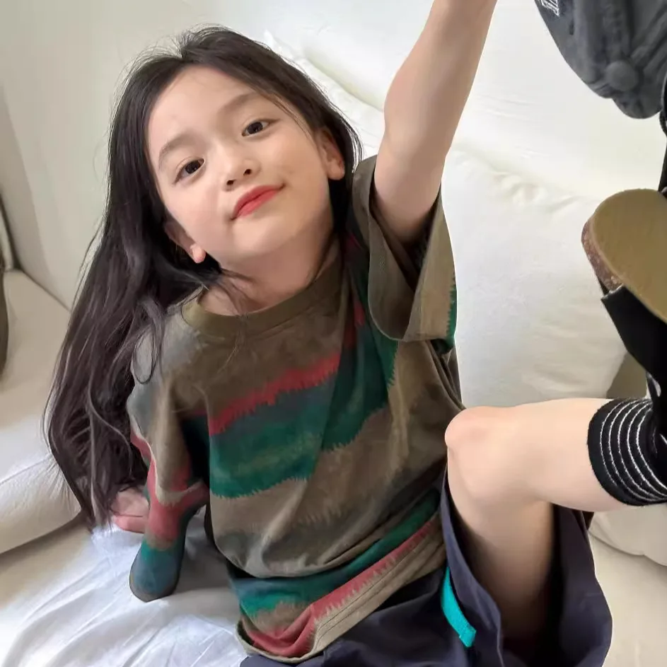 

Children's Summer Style Neutral Retro Rainbow Tie Striped Loose Short-sleeved T-shirt
