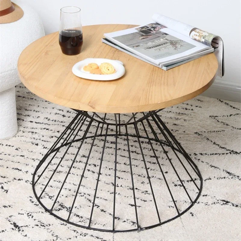 Art solid wood wrought iron small round table simple sofa storage leisure balcony small coffee table