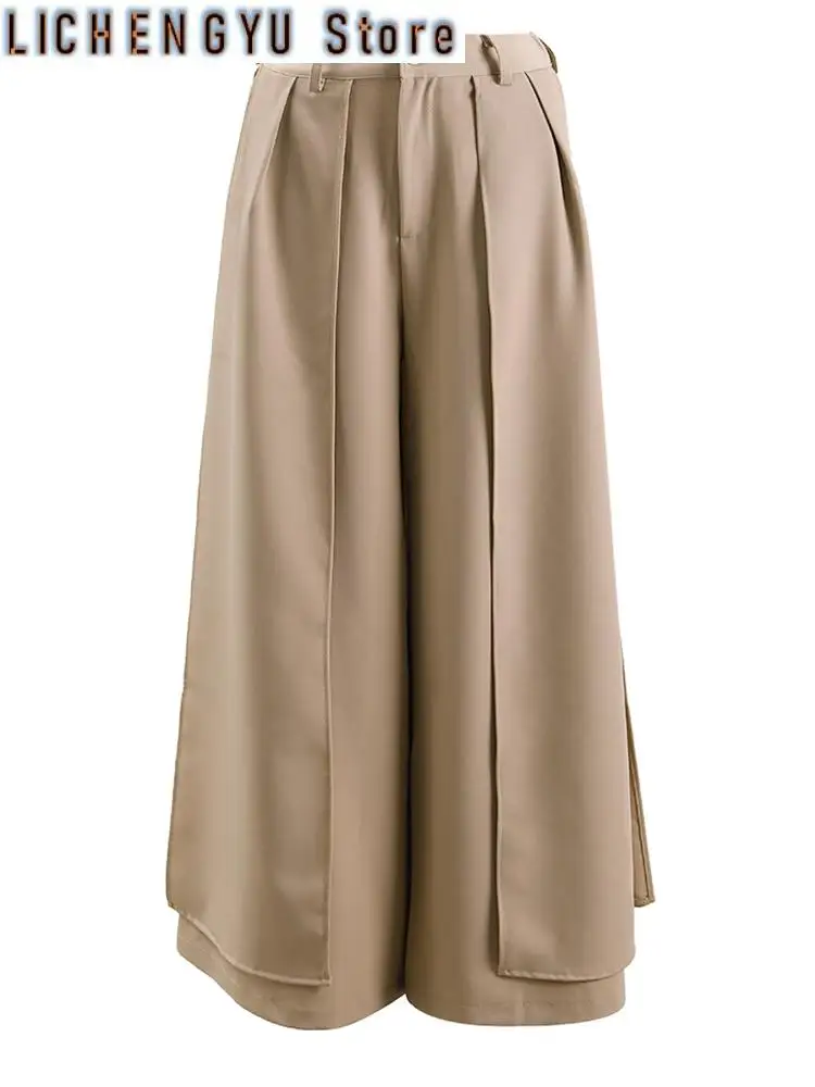 High Elastic Waist Khaki Irregular Spliced Wide Leg Pants New Trousers Women Fashion Tide Spring Autumn