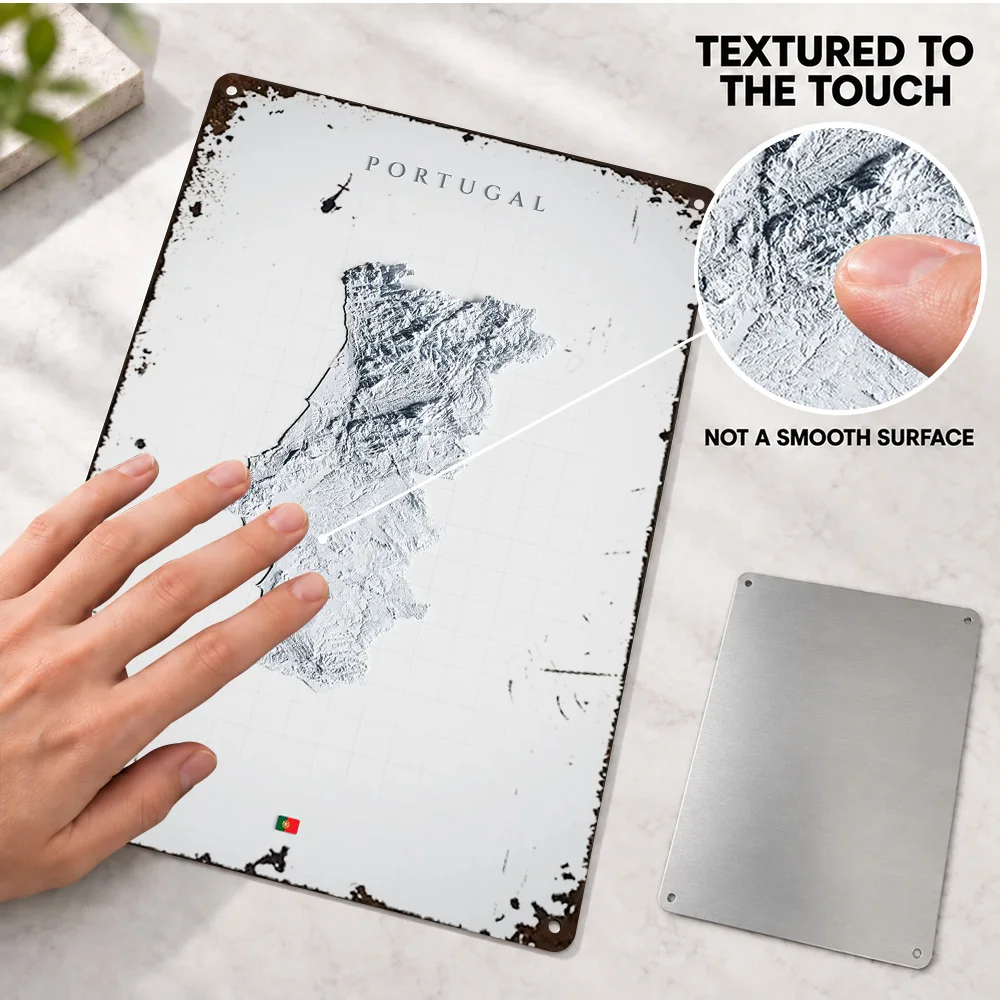 Portugal Terrain Map Aluminum Poster Customized Metal Sign White Relief Effect Wall Art For Travel Agency Geography Lover Gift