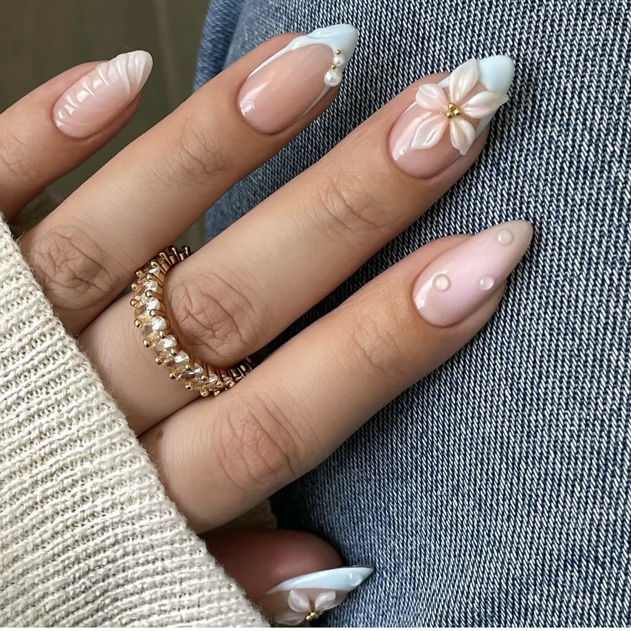 

24PCS Press on Nails Waterdrop Nail Three-dimensional Small Flower French Wearing Nail European and American Finished Fake Nail