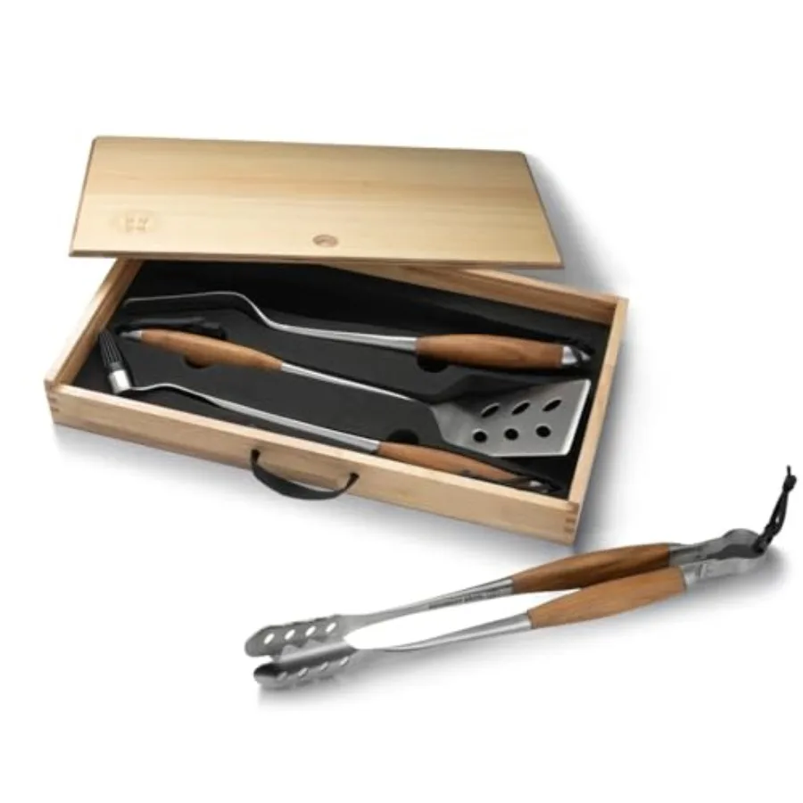 

BBQ Bonded Teak 4 Piece Grilling Accessory Set Full-Forged Stainless Steel Grilling Utensils Including Spatula Fork Basting Bru
