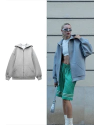 TRAF Women's Hundred Solid Color Hooded Zip Long Sleeve Jacket Loose Fashion Casual Jacket Coat Grey Super David Coat Jacket