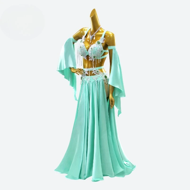 Customized Green Belly Dance Costume Competition Performance Bra Skirt Advanced Diamond Practice Dress Eastern Dance Clothes Set
