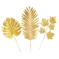 10Pcs Gold Artificial Leaves S/M/L Golden Tutle leaves Willow Palm Trees Maple Fake Leaves for Party Home Decoration Supply