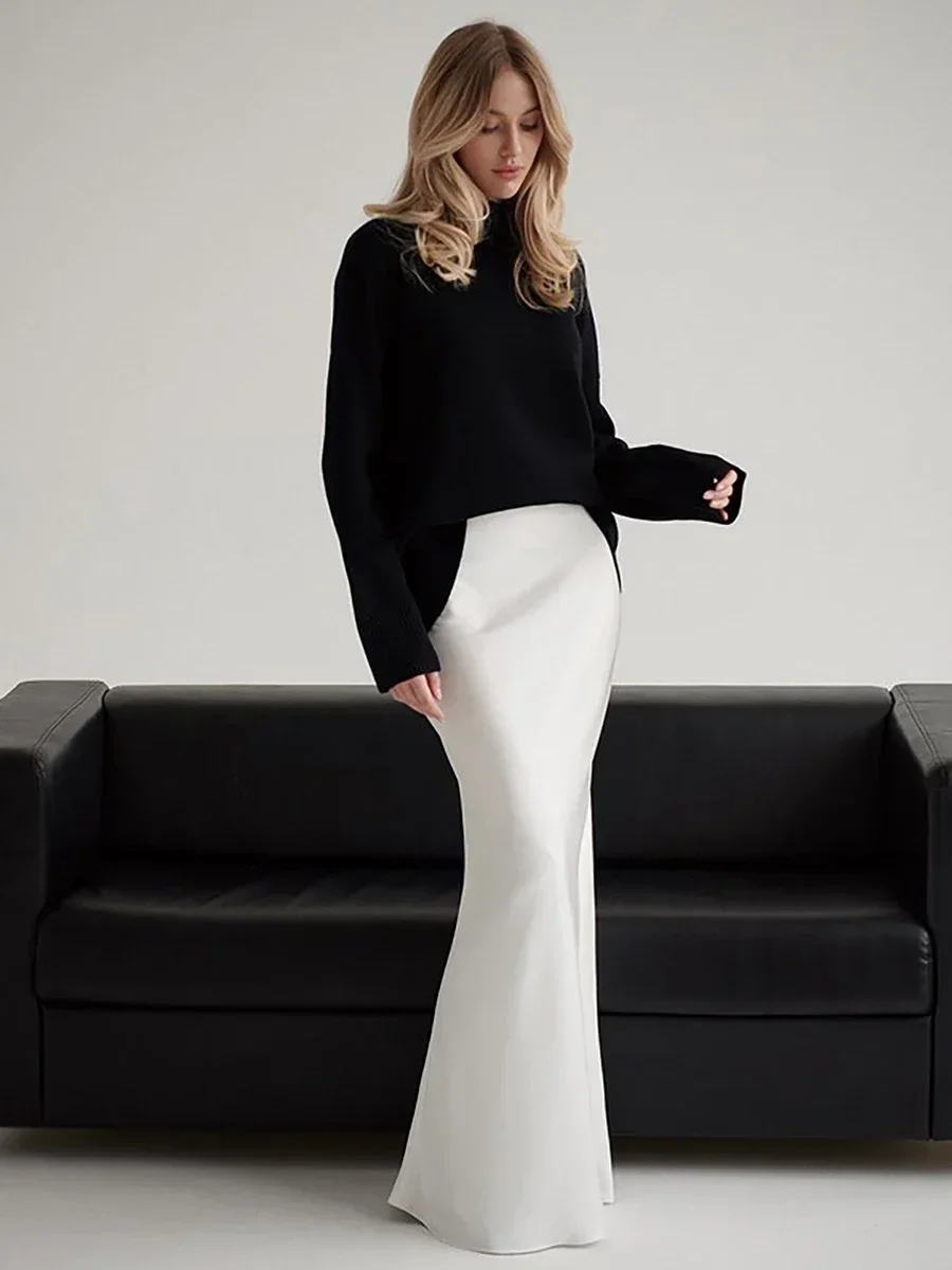 Wolfeel Casual ซาตินกระโปรงสตรีฤดูใบไม้ผลิฤดูร้อนแฟชั่นหลวมสูงเอว Maxi กระโปรง Elegant Simple Slik Fishtail กระโปรง