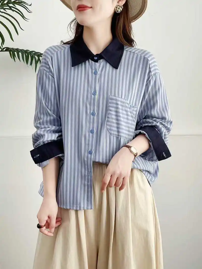 اليابانية خمر موري فتاة مخطط المرقعة قمصان النساء الخريف جديد رفض طوق كم طويل بلوزة فضفاضة غير رسمية القمم