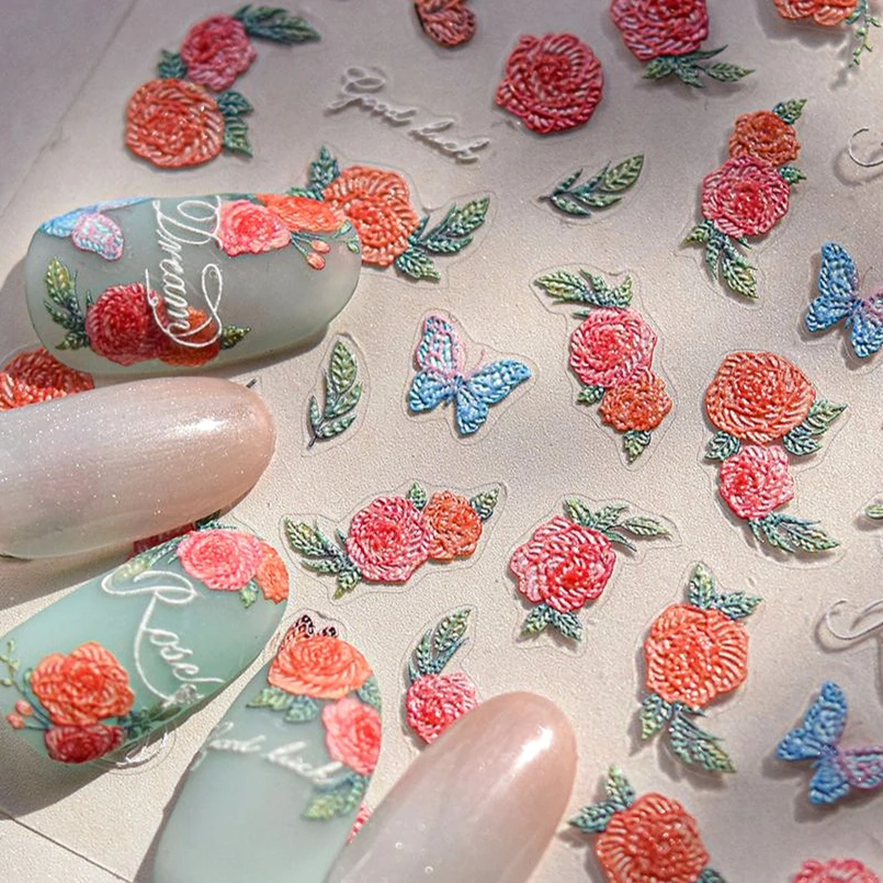 Retro Embroidery Red Peony Flower King Gradient Butterfly Rose Lace Bowknot Camellia Daisy Lily Nail Art Stickers Manicure Decal