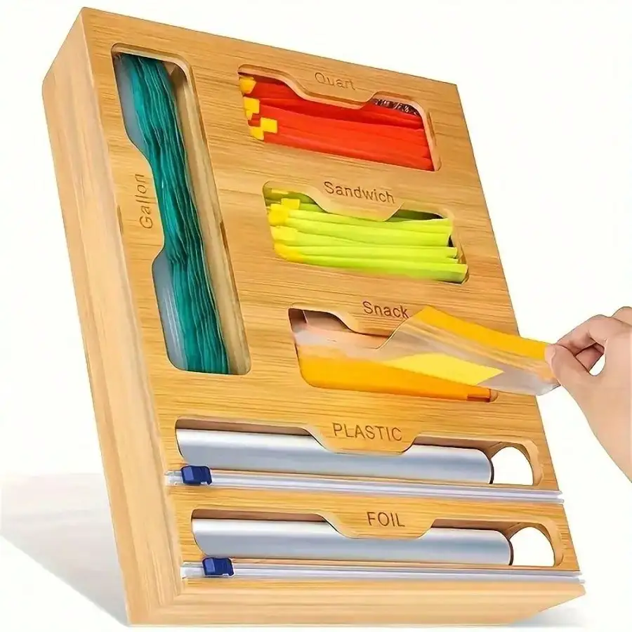 

TAIMASI 6-In-1Bamboo Ziplock Bag Organizer And Foil And Plastic Wrap Organizer, Aluminum Foil Organization And Storage,