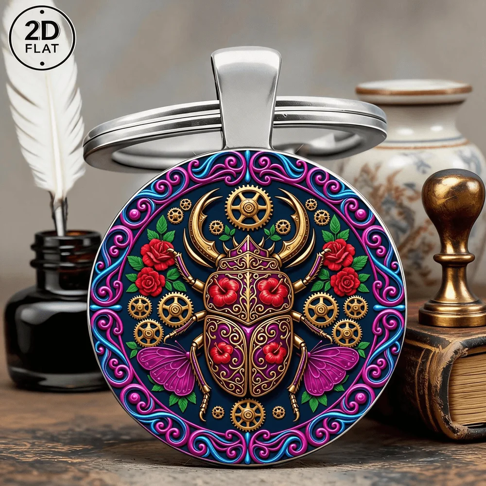 1pc Ornate Steampunk Scarab Beetle Keychain Roses and Gears Keyring Bag Hanging Charm Gifts for Gothic Steampunk Lovers