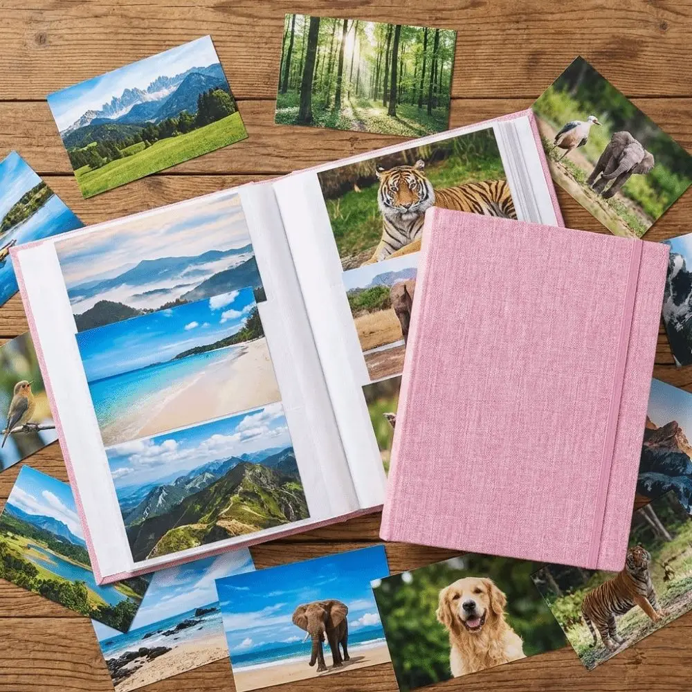 Slip-In Pages Photo Album Linen Cover Plastic Slip-In Pockets Picture Album Elastic Band Closure Vintage Linen Album