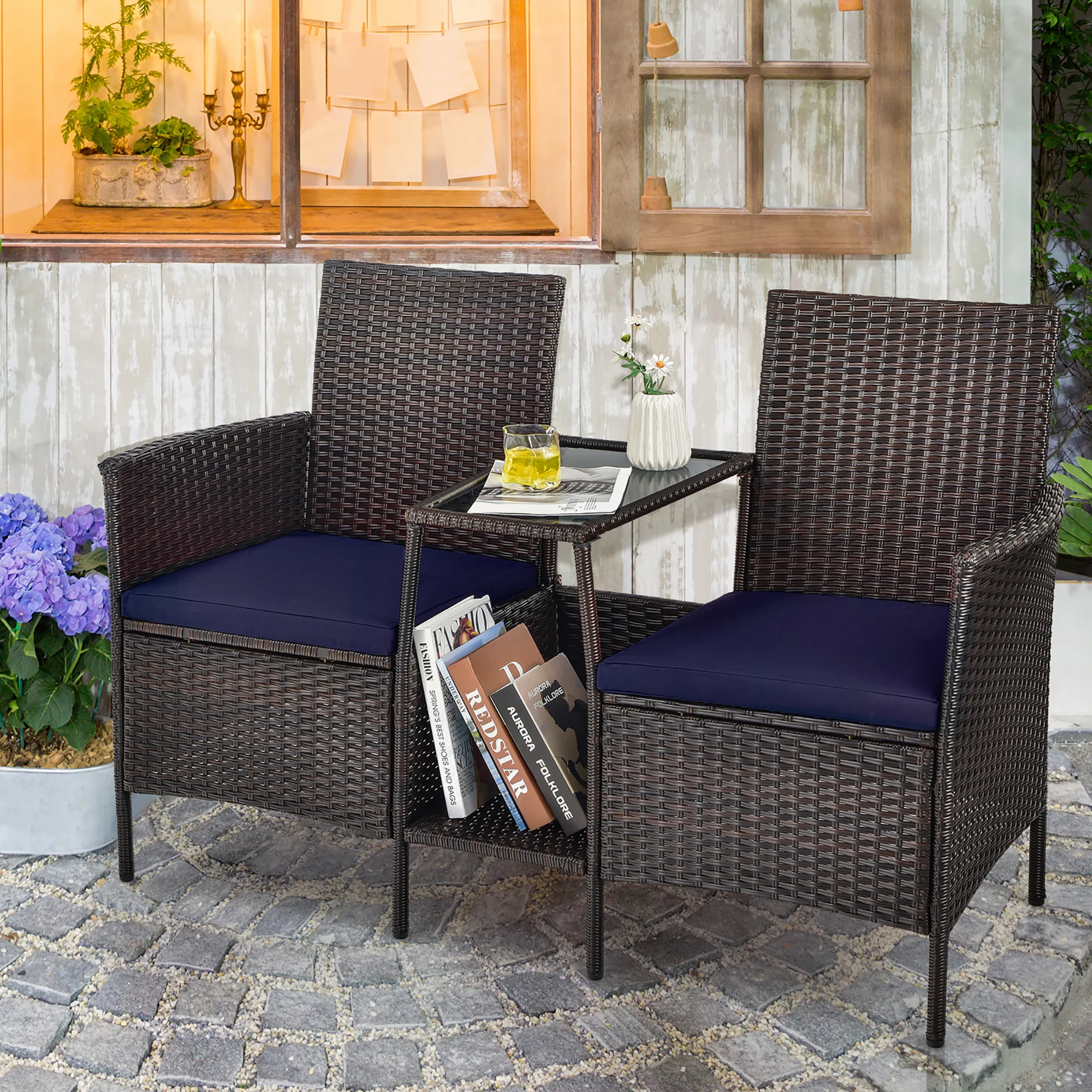 

Patio Rattan Wicker Conversation Set Sofa Cushioned Loveseat Glass Table Navy