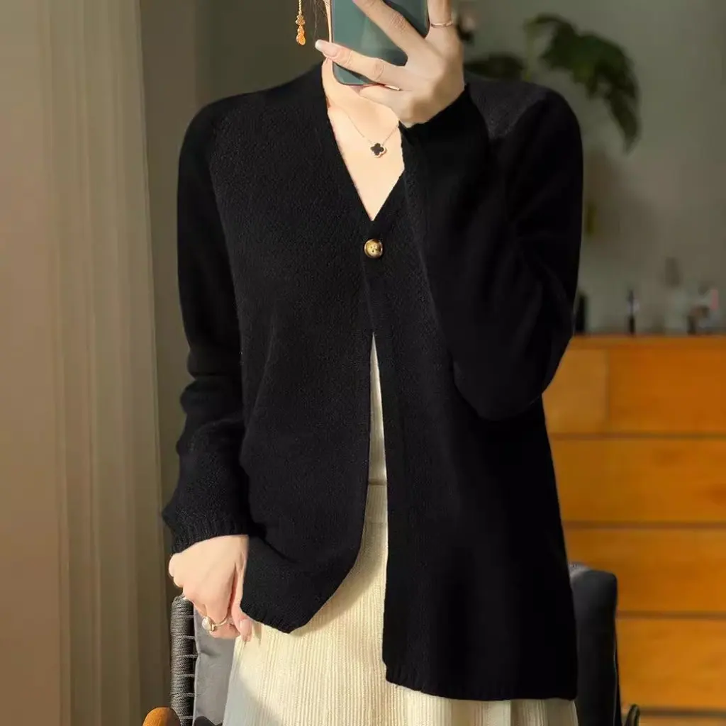 

Women's 100% Wool Cardigan V-neck One Button Knitted Sweater Solid Color Loose Fit Autumn Winter All-match Jacket