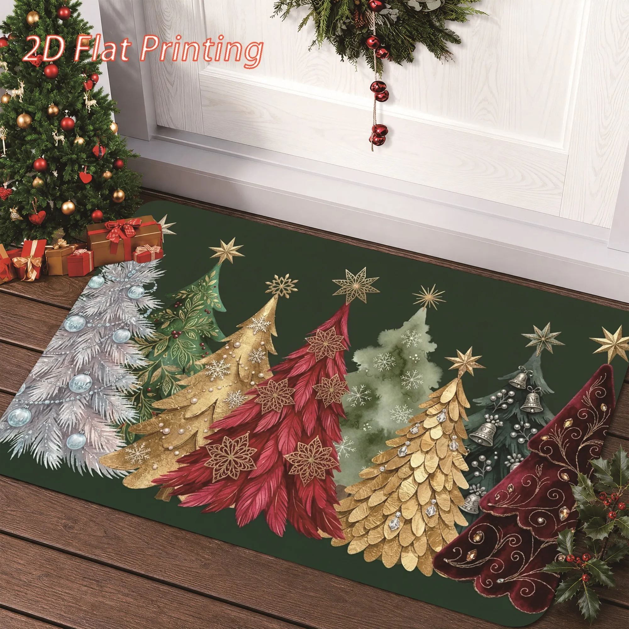 Xmas Watercolor Floor Rug Golden Star Feather Pattern Doormat Festive Holiday Mat for Balcony Front Door House Party Decor