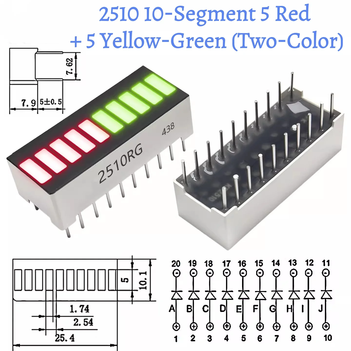 5pcs 10 Grid Digital Segment LED Light Bar Super Bright 2/10/5 Red 3/10/5 Yellow 4/10/5 Green 1/10 Blue light Flat Tube 20-Pins