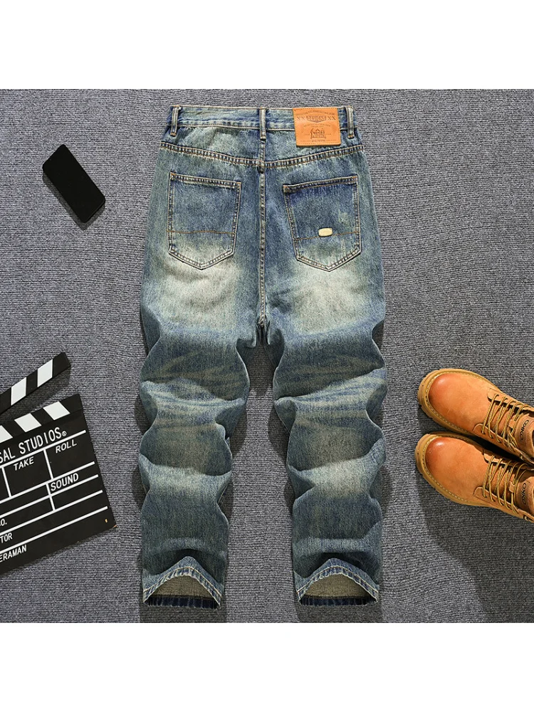 Koreańskie luźne jeansy męskie z prostymi nogawkami, moda retro high street dla mężczyzn, codzienne szerokie spodnie do ziemi.
