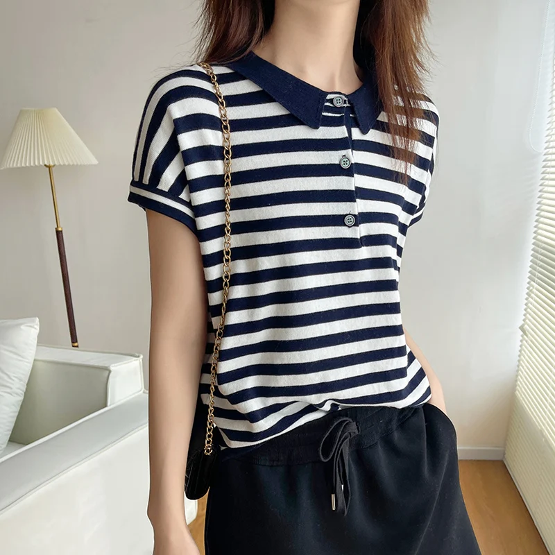 Pure Cotton Striped T-Shirt For Women Summer Thin Casual Versatile Loose Fit Wi… - Image 3