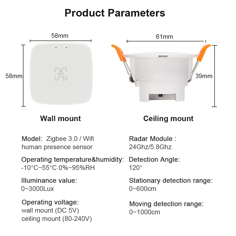 Zigbee Wifi Human Presence Sensor 24G 5.8G Radar Detector Millimeter Wave Smart Home Motion Sensor Luminance/Distance Detection