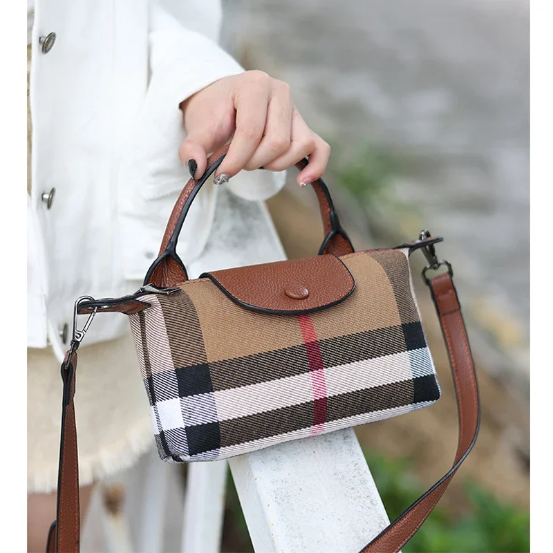 

Checkered pattern single shoulder crossbody women's bag, canvas with cowhide mini bag, mobile phone bag