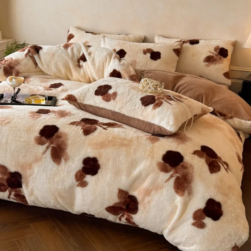 Thickened imitation rabbit hair carved milk fleece four-piece set winter coffee color warm fleece quilt set
