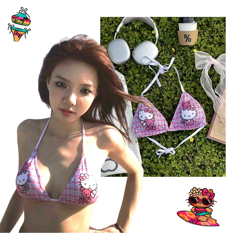 Sexy Hello Kitty Bikini Anime Cartoon Hip Swimsuit Lanyard Cup Mat Cosplay Underwear Hot Sweet Swimwear Y2k Girl Summer Beach